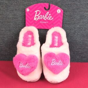 Plush Barbie Slippers With Hearts, Pink And White Like New